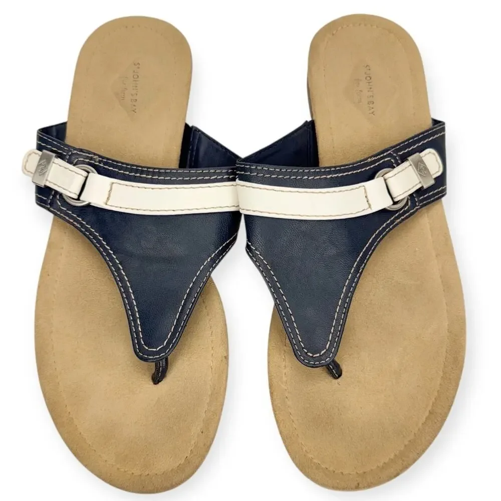 St. John Bay Zandora Blue‎ Nautical Faux Leather Wedge Tong Sandals 12M Comfort